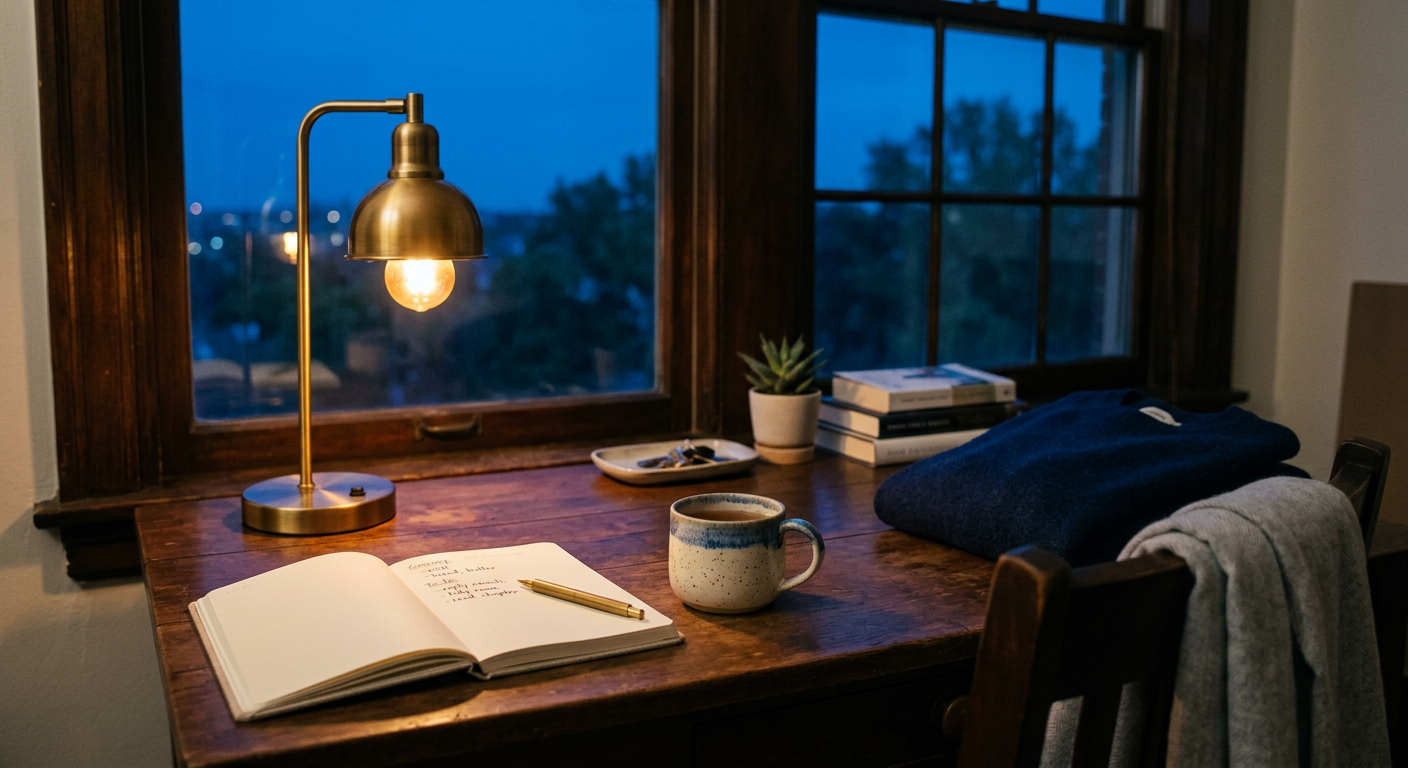 A tidy desk at dusk lit by a warm lamp, with a notebook list for tomorrow